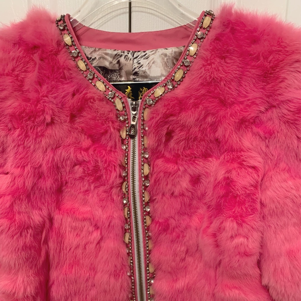genuine rex rabbit fur bomber jacket in pink embellished zip  S
